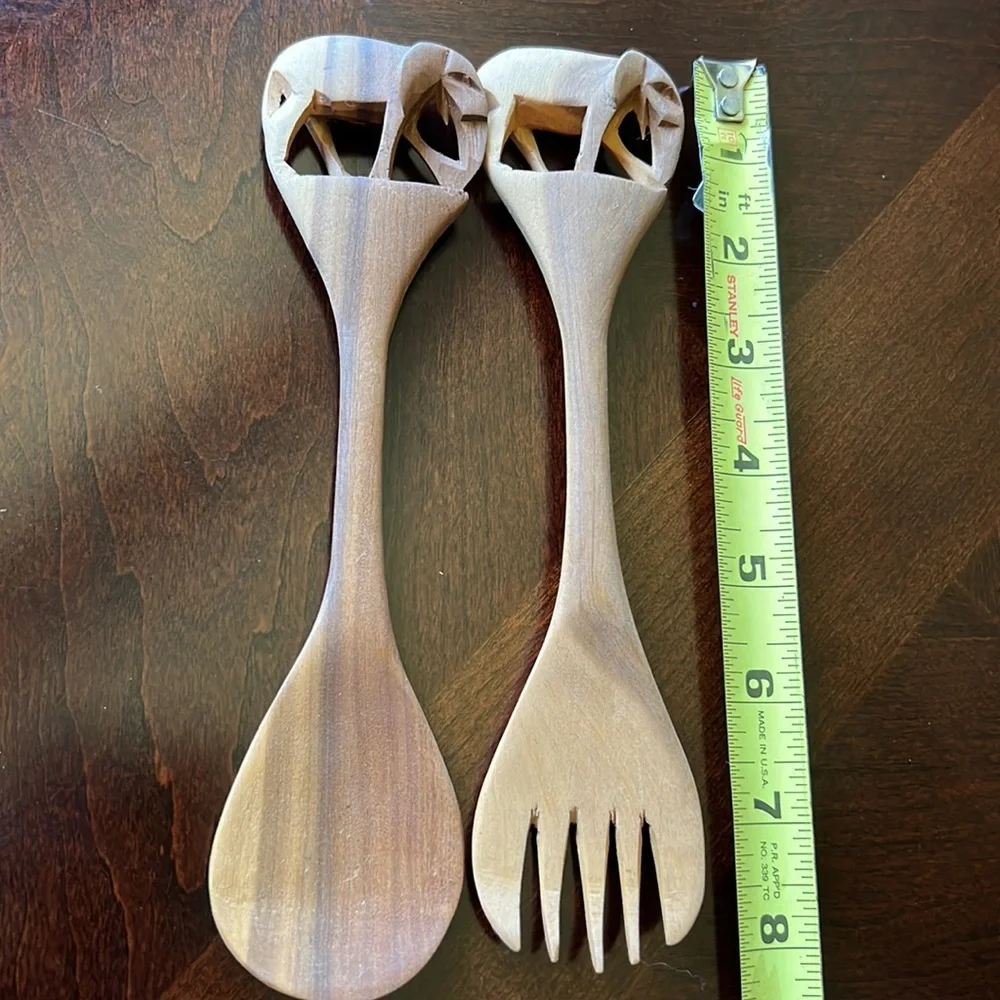 Vintage Small Wooden salad servers carved Elephant design